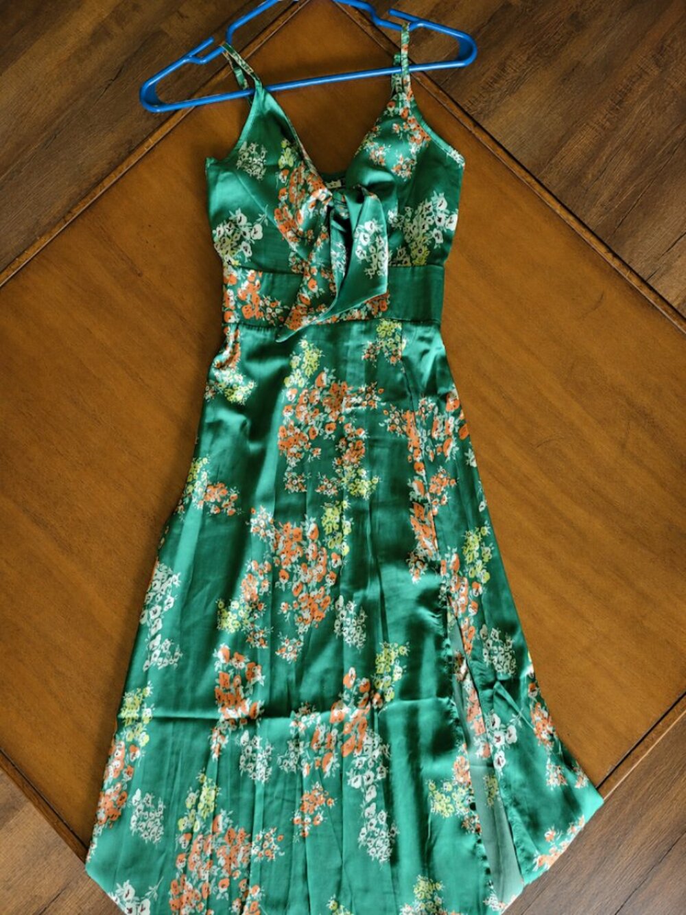 Fashionme Emerald Green Floral Satin Midi Dress XS Tie Front Cutout
